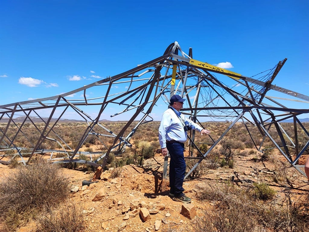 MEC Anton Bredell for lokale myndigheter, miljøsaker og utviklingsplanlegging i Karoo ved siden av den nedstyrte pylonen. 